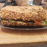 Small vegan avocado and peanut butter sandwich (stacked and tasted great) at SHOTS Coffee & Brunch in Girona
