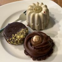Before photo of my desserts: Pistachio-chocolate, pistachio-raspberry, and chocolate-caramel   at Atelier Dulce Amarui in Cluj-napoca