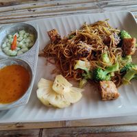 Fried noodles with tempeh and Sate sauce at SweetSoul Lanta in Krabi