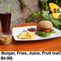 Burger with fries, tomato and chili sauce. Fruit juice of choice and 100% fruit ice cream. at Butterfly Paradise  in Siem Reap