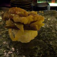 12 - Tomayoba & Leek - 
Pickled Burdock Root, Caramelized Leek, Crispy Oyster Mushroom, Miso Butterscotch
 at Omakaseed in New York City