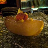 14 - Baesuk - 
Poached Asian Pear, Ginger, Goji Berry, Toasted Pine Nut, Scallions, Mellody™ Spicy Honey 
 at Omakaseed in New York City