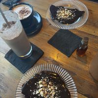 Vegan chocolate milk, cappuccino with coconut mild and crepe  at Cappuccino Bistro in Sigiriya