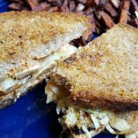 Vegan Rueben and sweet potato fries  at Trumpet Blossom Cafe in Iowa City