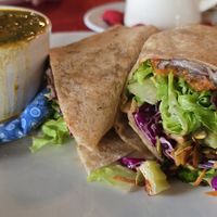 Miso BBQ Mushroom Burrito with cup of curried lentil soup at Trumpet Blossom Cafe in Iowa City