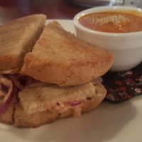 Tempeh Reuben w/carrot ginger bisque at Trumpet Blossom Cafe in Iowa City
