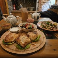 Somsa set for brunch, with the mung omelette in the background at Dervish in Berlin