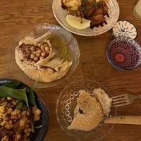 Tofu, Hummus, bread, salad  at Dervish in Berlin