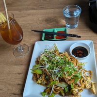 Udon Noodles and Ginger Iced Tea. at Sen Việt Vegan Restaurant in Helsinki