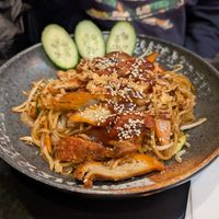 Seitan duck with noodles at VEGE Kitchen in Warsaw