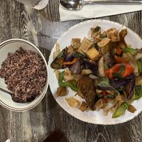 Eggplant with brown rice. (Eggplant had too much onion)   at Moo Dang in Reno