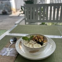 Oatmeal porridge with banana and almonds  at Sweet Secret in Nha Trang