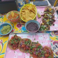 tacos, mexican rice, beans, chips and guac at Los Carnales in Cologne