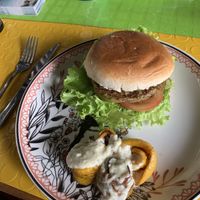Burger (vegetarian side — cheese is optional)  at Bumi Cocina - Yerbateria in Salento