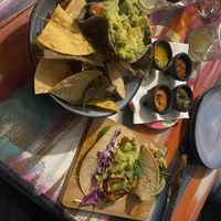 Totopos- chips, dip and guacamole. Plus jackfruit tacos (1 serving has 2 taco’s)  at La Hacienda 101 in Emerald Beach