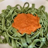 Spinach pasta with pepper-based sauce  at Panzamorena in Cordoba