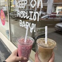 Iced Red Superfruit Latte & Iced Latte (Oatmilk)  at Cinnamood in Mannheim