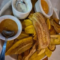 "Vegan wave" - plantain chips, Tzatziki, roasted pepper dip and peanut dip at 1835 Coffee Lab in Puerto Ayora