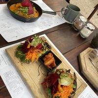avo toast with vegan chorizo and portobello mushrooms and suizas with vegan chorizo and awesome sauce!   at Restaurante Pachamama in San Luis Potosi
