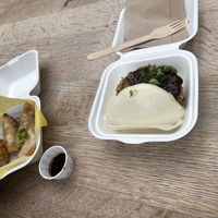 Vegan gyozas and aubergine bao  at Yum Bun - Food Stall in East London