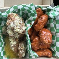 Garlic Parm and Buffalo wings from Prone to Plants  at Lulu's Vegan - Vegan Farmer's Market in Las Vegas