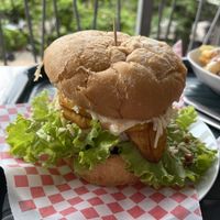 Grains burger with platano  at Goyo Food in Medellin