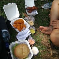 Burger, empanaditas, fried eggplants at Goyo Food in Medellin