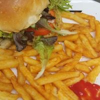 Grain burger and fries at Square Cafe in Pittsburgh