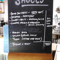 Sauces, some homemade. at Falafia in Beverley