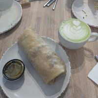Vegan burrito and matcha latte at Drift Cafe in San Diego