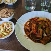 Jerk tofu, rice and peas, slaw at House of Dutch Pot in Las Vegas