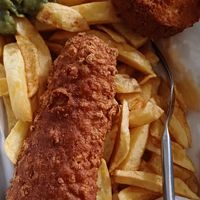 Vegan fish and a fishcake (new addition to menu) at Elland Fish & Chips in Elland