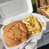 Hot dog and chips at Elland Fish & Chips in Elland
