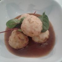 Leek and thyme arancini with wild mushroom broth  at Sky Apple Cafe in Newcastle Upon Tyne