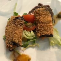 Aubergine in breadcrumbs around basil soy ‘ricotta’  at Sky Apple Cafe in Newcastle Upon Tyne