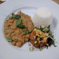 Vegan Xinxim Curry [£9.40] – Brazilian/African curry with peanuts, coconut milk, peppers, butternut squash, peas & courgette with rice, black eye pea fritter & molho a campanha at Sky Apple Cafe in Newcastle Upon Tyne