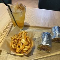 Chili con carne burrito with half fries and drink set, drink is craft ginger ale with candied ginger on top  at Dosco Coffee ドスココーヒー in Hiroshima