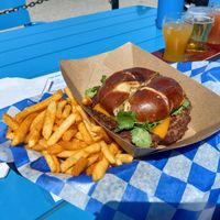 Holy Grail burger made vegan, seasoned fries at Stone Hound Brewing Company in Williamsburg
