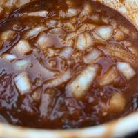 Vegan and gluten-free chili with onions  at Joe's Burgers in Beaverton