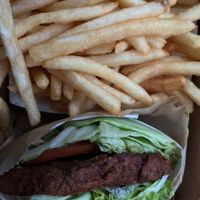 Veggie bean, burger, and fries without a bun and added guacamole    at Joe's Burgers in Beaverton