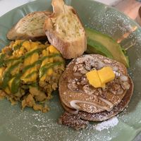 Brunch sampler: Chickpea scramble, sweet potato pancakes, toast and avocado   at La Isla in San Juan
