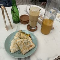 Chickpea quesadilla, Pa’Pa’passion and butterlicious (in my own container) smoothie   at La Isla in San Juan