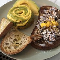 chickpea scramble, avocado toast, and vegan French toast  at La Isla in San Juan