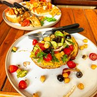 Sourdough breads with pumpkin hummus ans salad. And vegan creamchease tomatoes, mushrooms and tofu  at Lazy Bird in Koh Lanta