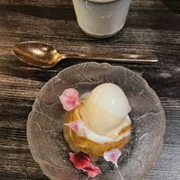 Cake and ice cream with vegan gel-detail 🌸  at Shelter in Helsinki