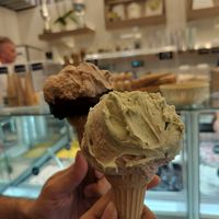 Hazelnut, chocolate, pistachio - all vegan including the cones (I asked) at Gelatando in Scandicci