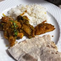 Veg bhuna, coconut rice, onion bhaji and chapatti 😋😋  at Tandoori Hut in Tenerife
