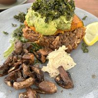 Vegan brekky - pumpkin, avocado, kale, mushrooms and cashew cheese on homemade rösti   at Lamezleighs Cafe & Bar in Mirboo North