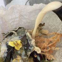 Vegan Ochazuke ( there is a serving of rice under the rice paper basket of veggies. The rice paper basket melts as the hot broth is poured  at Tento in Surry Hills