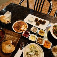 Zaatar hummus, muhumara, falafel, vegan shashuka, Arabic salad and complimentary pickled veg  at Ogen in Hua Hin